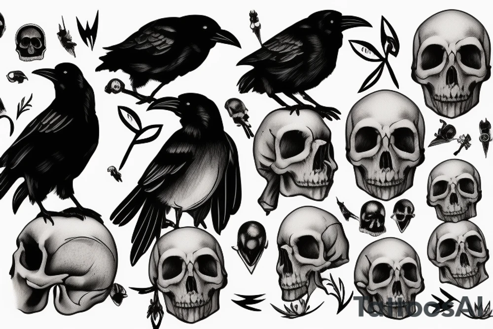 Raven sitting on a skull tattoo idea