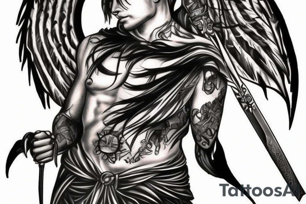 Dark male angel with sword tattoo idea