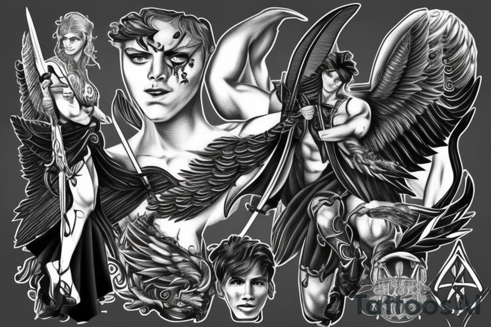 Dark male angel with sword tattoo idea