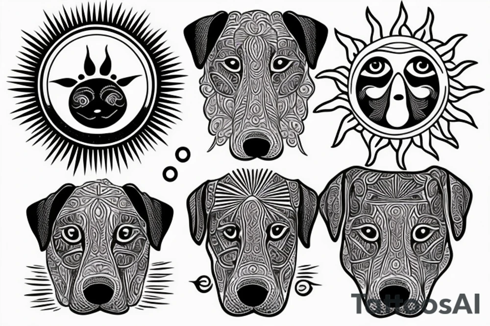 face of a labrador dog with a sun mantra above and  moon mantra below tattoo idea