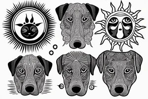 face of a labrador dog with a sun mantra above and  moon mantra below tattoo idea