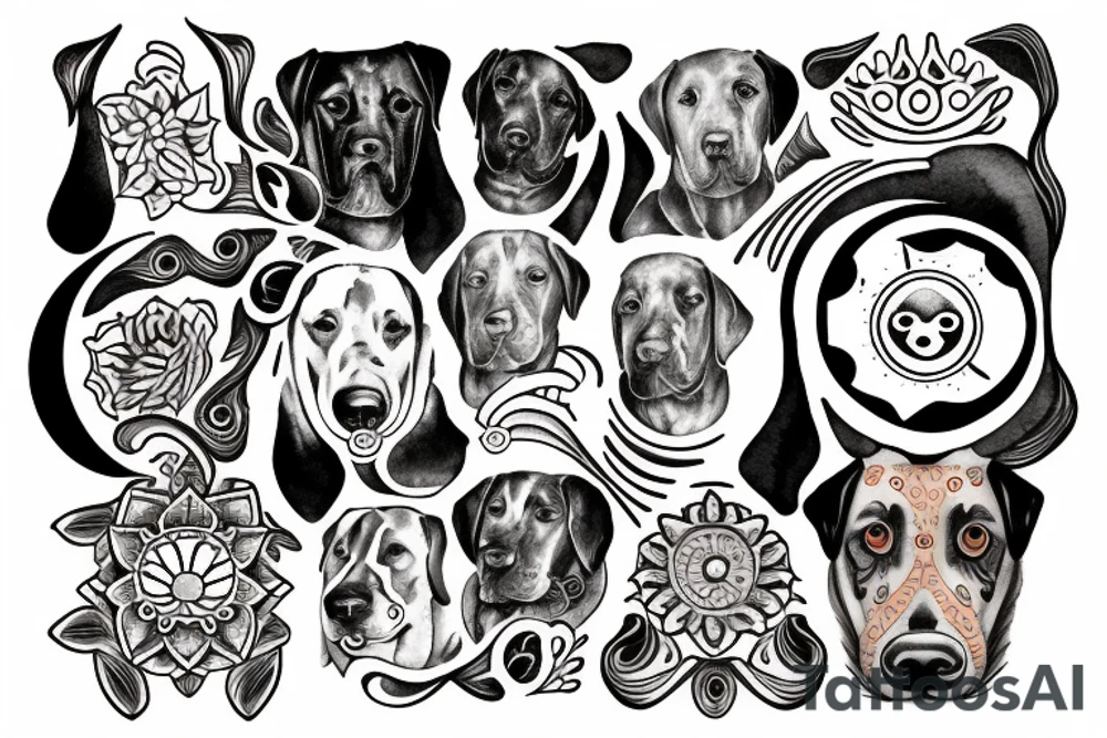 face of a labrador dog with a sun mantra above and moon mantra below tattoo idea