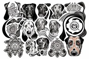 face of a labrador dog with a sun mantra above and  moon mantra below tattoo idea