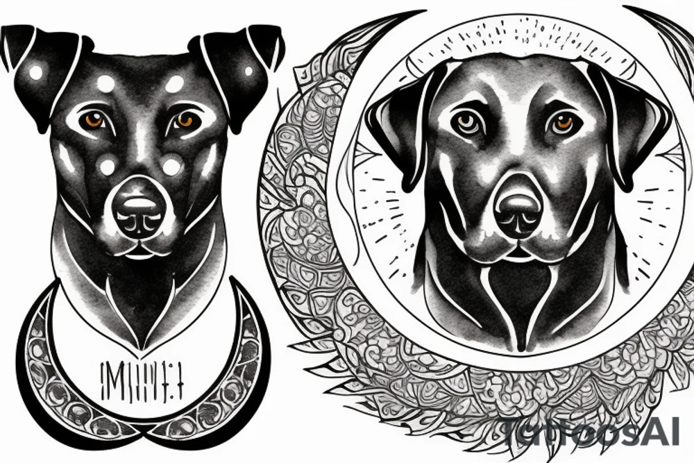 face of a labrador dog with a sun mantra above and moon mantra below tattoo idea