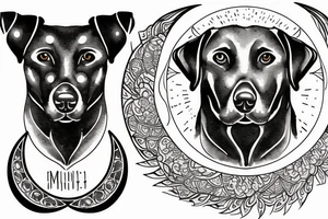 face of a labrador dog with a sun mantra above and  moon mantra below tattoo idea