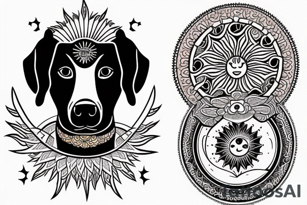face of a labrador dog with a sun mantra above and  moon mantra below tattoo idea