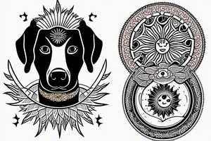 face of a labrador dog with a sun mantra above and  moon mantra below tattoo idea