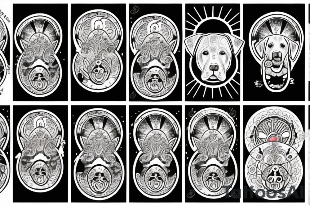 face of a labrador dog with a sun mantra above and  moon mantra below tattoo idea