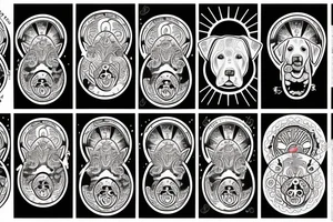 face of a labrador dog with a sun mantra above and  moon mantra below tattoo idea