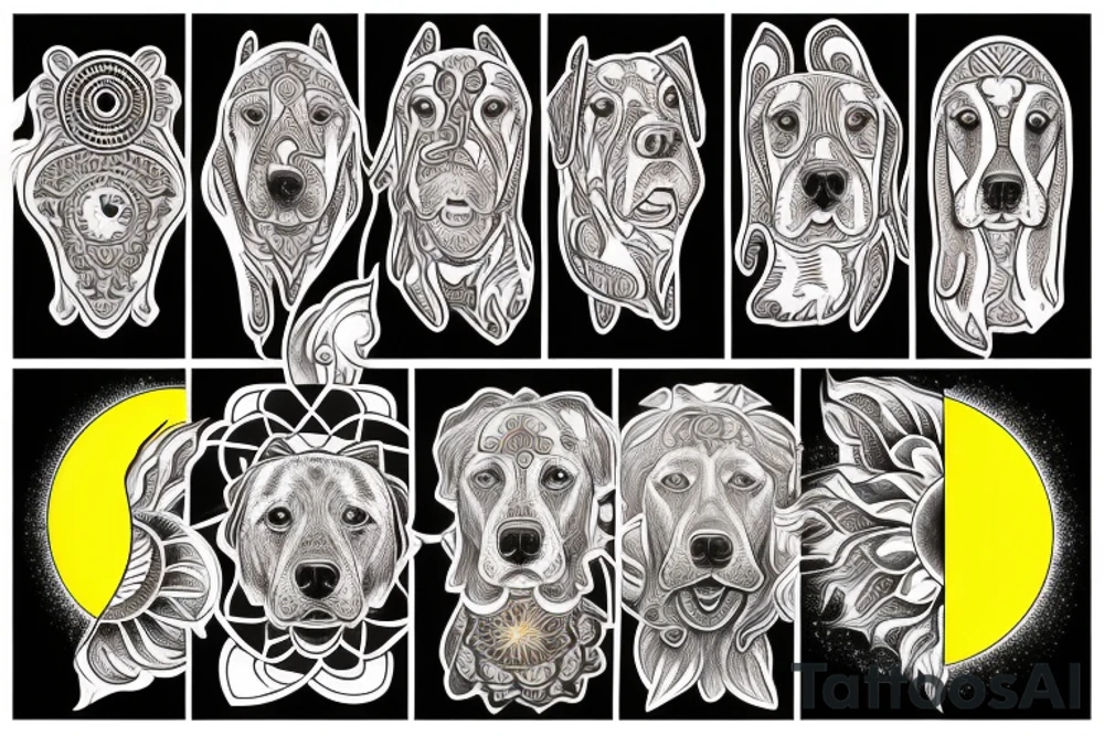 face of a labrador dog with a sun mantra above and  moon mantra below tattoo idea