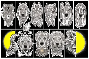 face of a labrador dog with a sun mantra above and  moon mantra below tattoo idea