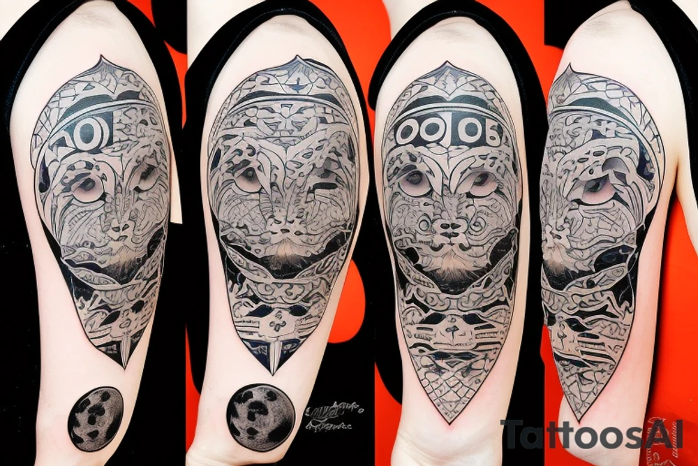 face of a labrador dog with a sun mantra above and  moon mantra below tattoo idea