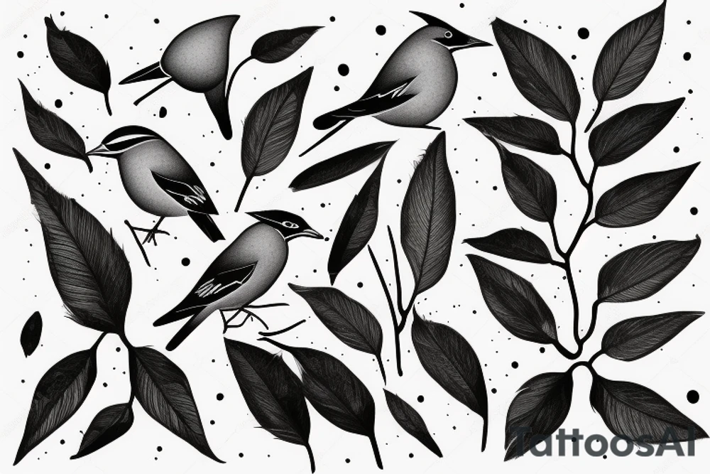 A cedar waxwing with leaves instead of feathers tattoo idea