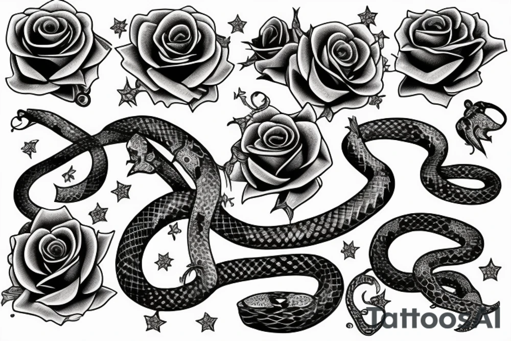 book with snakes, roses and stars tattoo idea
