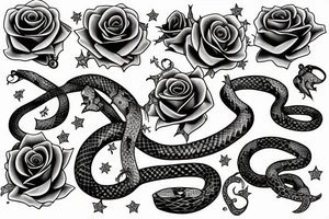 book with snakes, roses and stars tattoo idea