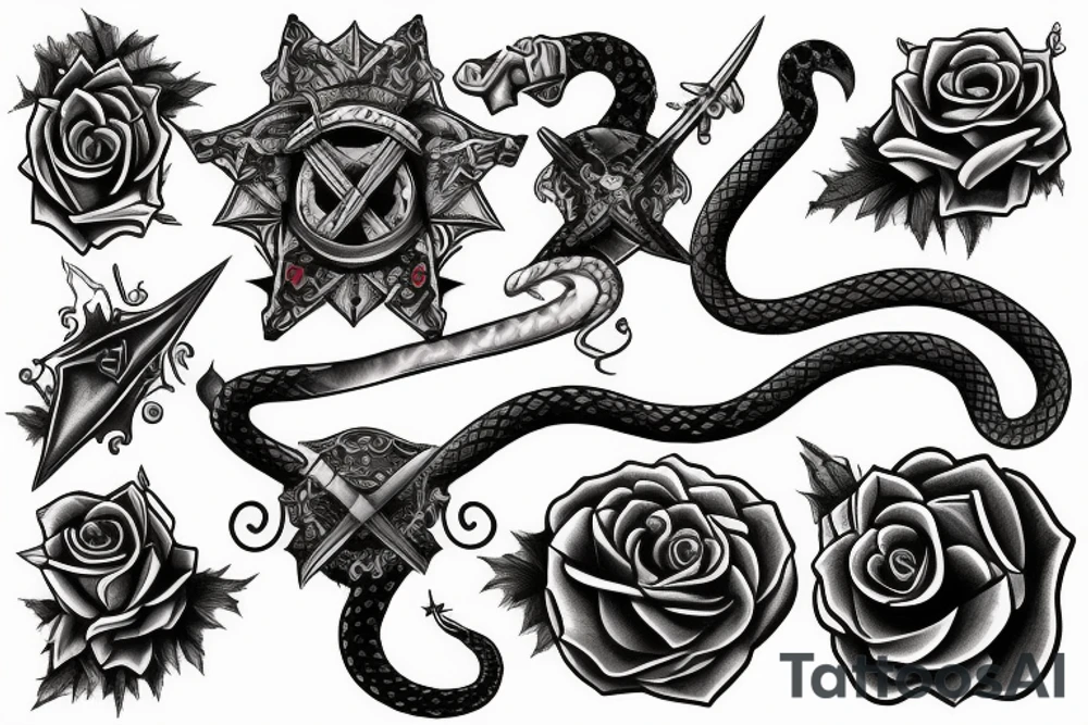 book with swords, snakes, roses and stars tattoo idea