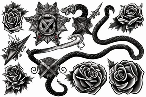 book with swords, snakes, roses and stars tattoo idea