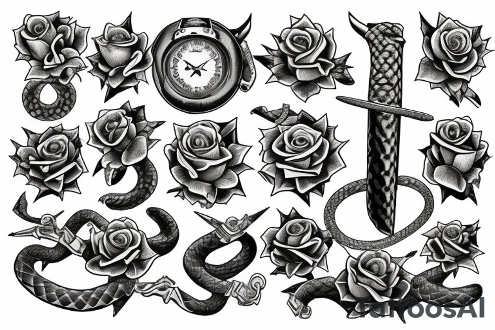 book with swords, snakes, roses and stars tattoo idea