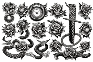 book with swords, snakes, roses and stars tattoo idea