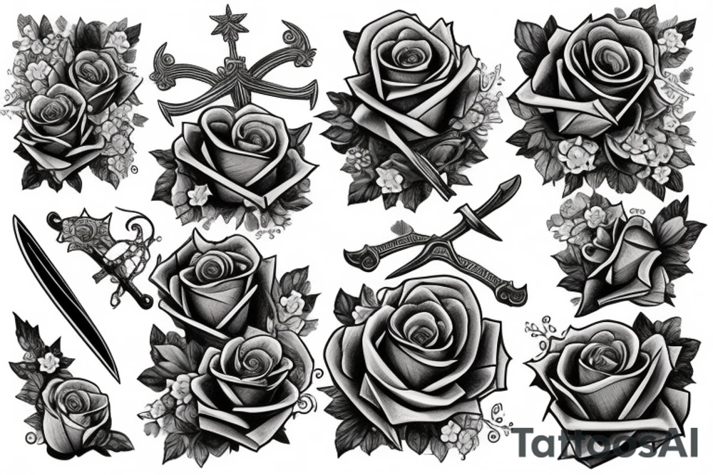 book with swords, roses and stars tattoo idea