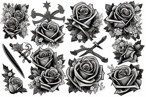 book with swords, roses and stars tattoo idea