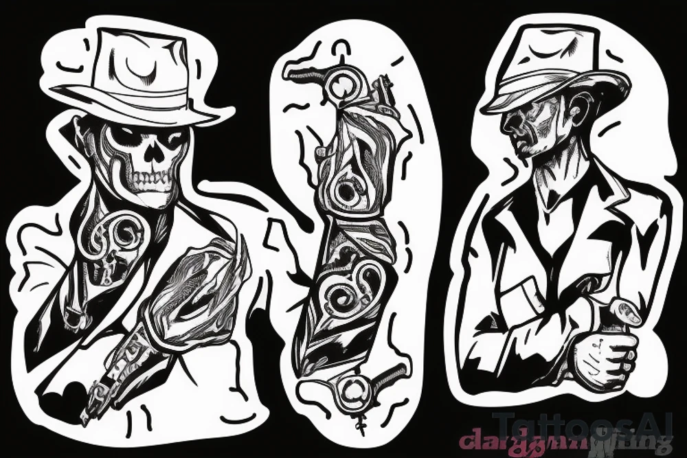 Deadman gunslinger with revolver pointing upwards in his hand tattoo idea