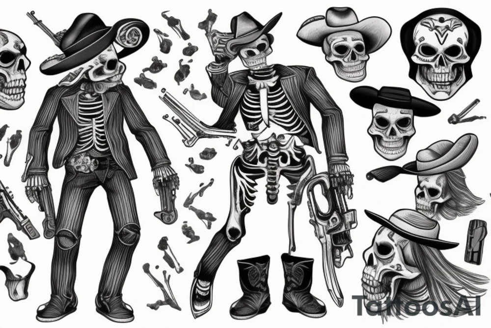 skeleton gunslinger with revolver in his hand tattoo idea