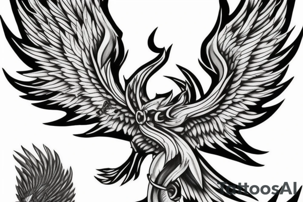 Phoenix flying with 3 tails, draging a key from a chain tattoo idea