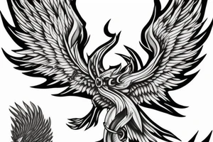 Phoenix flying with 3 tails, draging a key from a chain tattoo idea