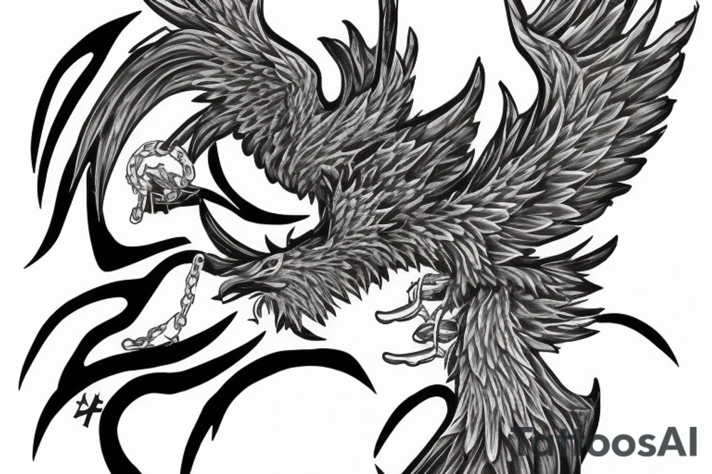 Phoenix flying with 3 tails, draging a key from a chain tattoo idea