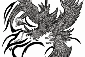 Phoenix flying with 3 tails, draging a key from a chain tattoo idea