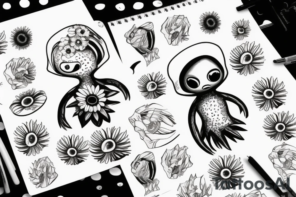 Alien holding a daisy flower tattoo idea