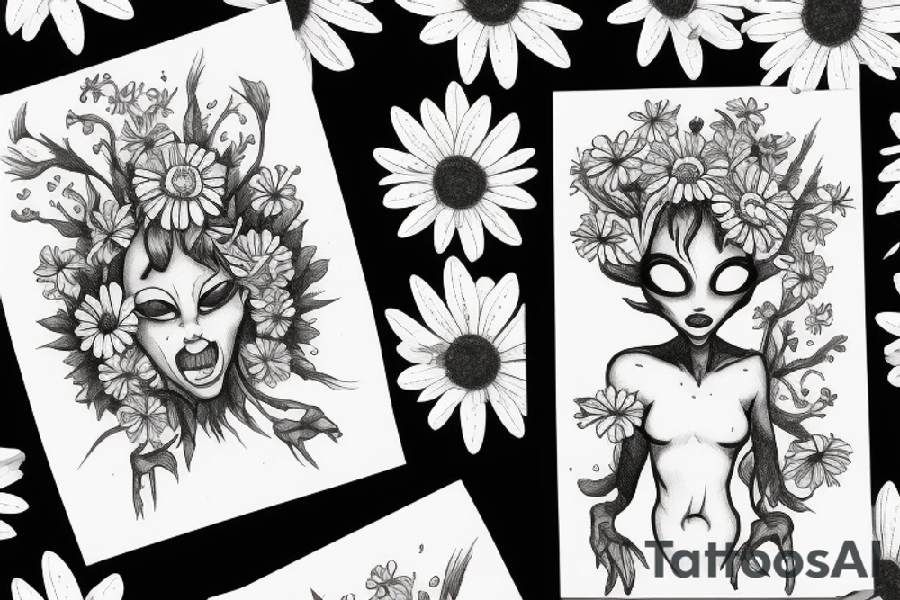 Alien holding a daisy flower tattoo idea