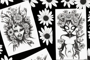 Alien holding a daisy flower tattoo idea