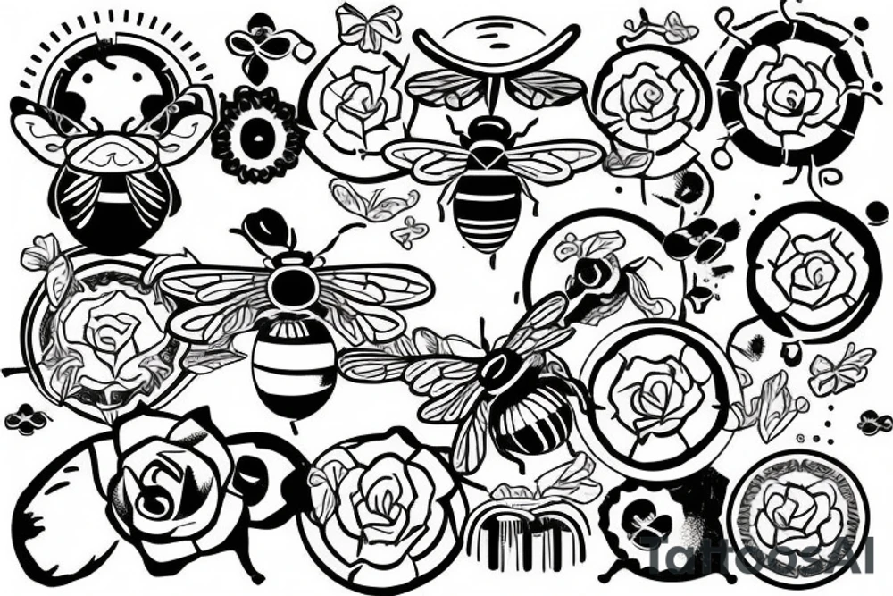 Bees and clouds in a diamond shaped border tattoo idea