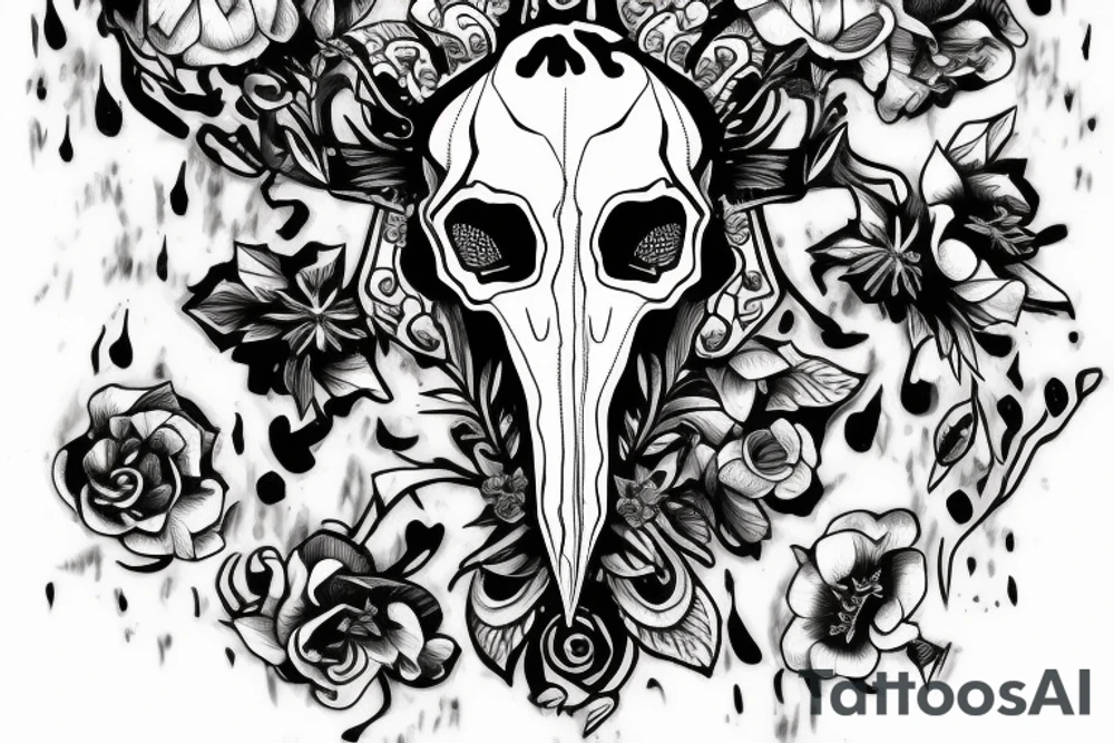 Bull Skull with Sweet Pea flowers and diamond in the forehead tattoo idea