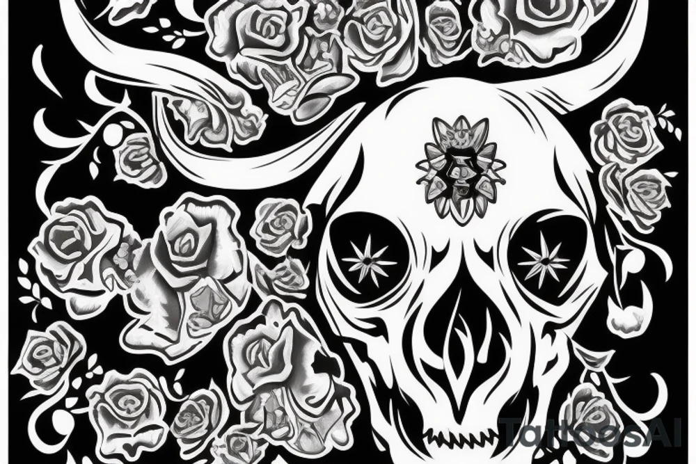 Bull Skull with Sweet Pea flowers and diamond in the forehead tattoo idea