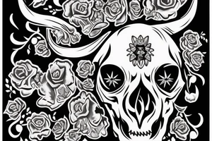Bull Skull with Sweet Pea flowers and diamond in the forehead tattoo idea