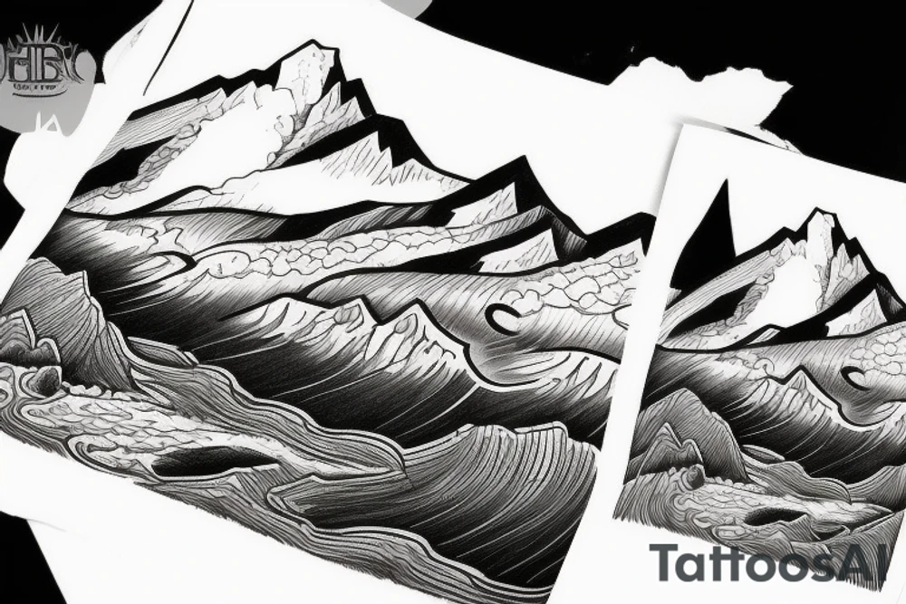 Mountain with a river running down. at the bottom of the river there is a lake tattoo idea