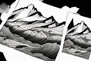 Mountain with a river running down. at the bottom of the river there is a lake tattoo idea