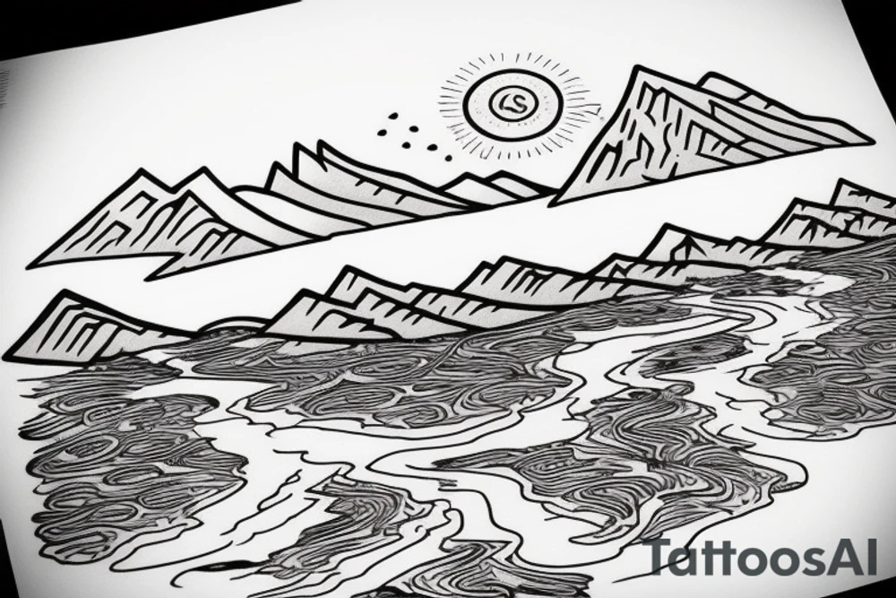Mountain with a river running down. at the bottom of the river there is a lake tattoo idea