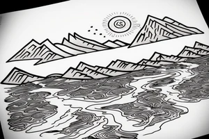Mountain with a river running down. at the bottom of the river there is a lake tattoo idea