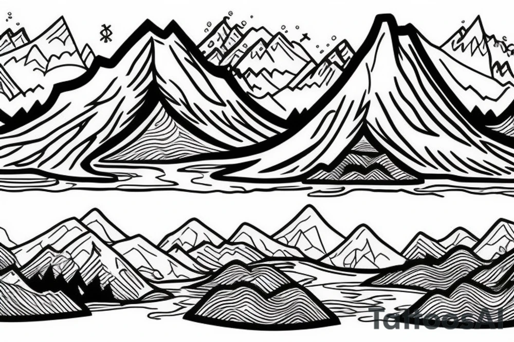 Mountain with a river running down. at the bottom of the river there is a lake tattoo idea