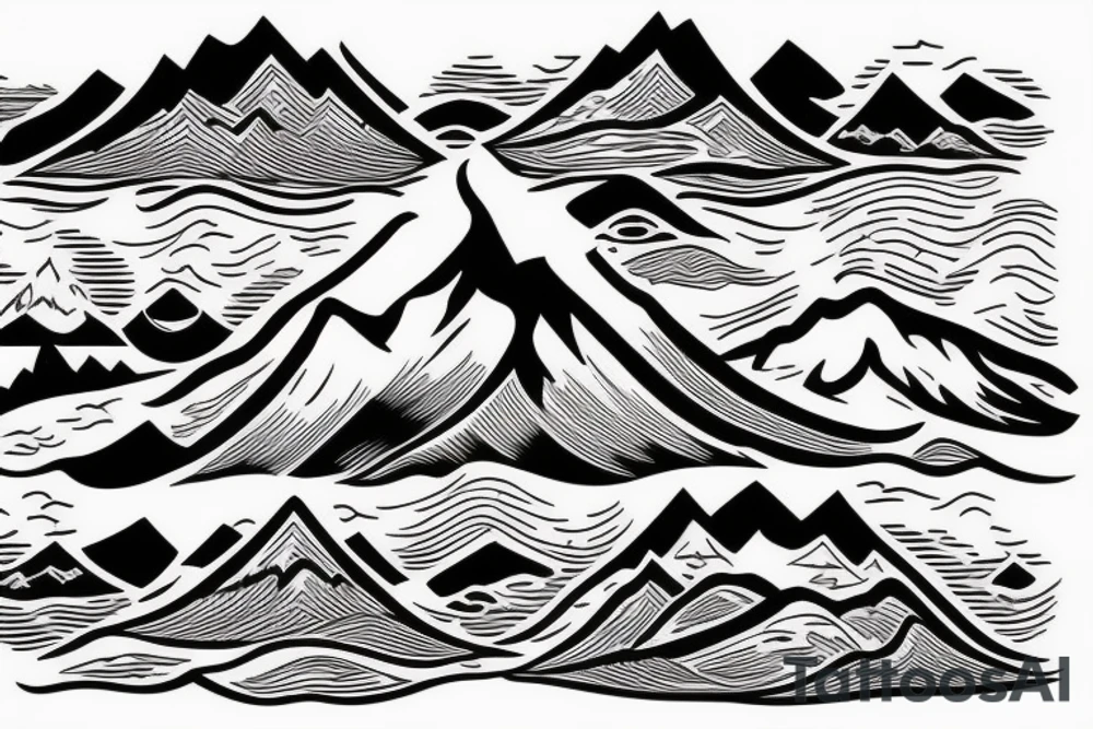 Mountain with a river running down. at the bottom of the river there is a lake tattoo idea