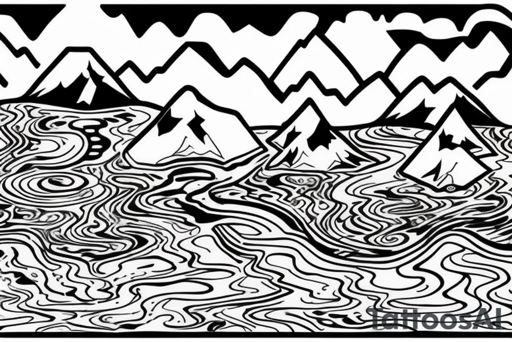 Mountain with a river running down. at the bottom of the river there is a lake tattoo idea