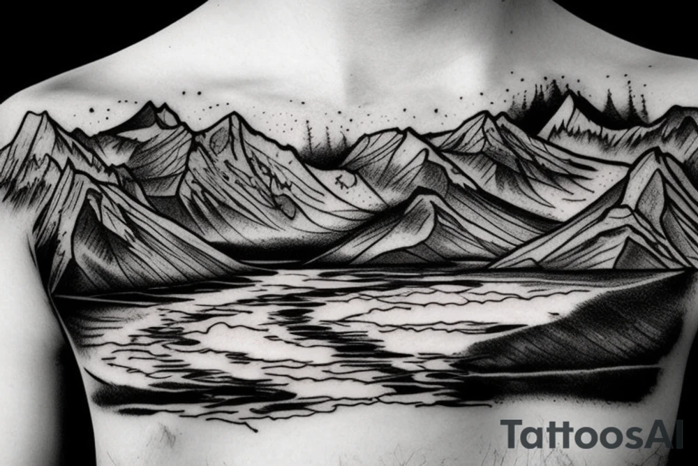 Mountain with a river running down. at the bottom of the river there is a lake tattoo idea