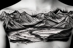 Mountain with a river running down. at the bottom of the river there is a lake tattoo idea