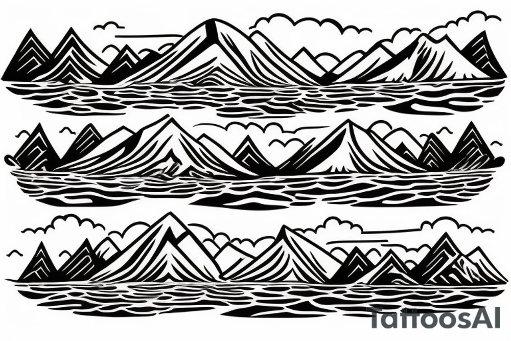 Mountain with a river running down. at the bottom of the river there is a lake tattoo idea