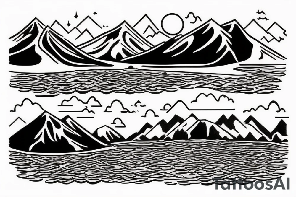 Mountain with a river running down. at the bottom of the river there is a lake tattoo idea
