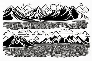 Mountain with a river running down. at the bottom of the river there is a lake tattoo idea